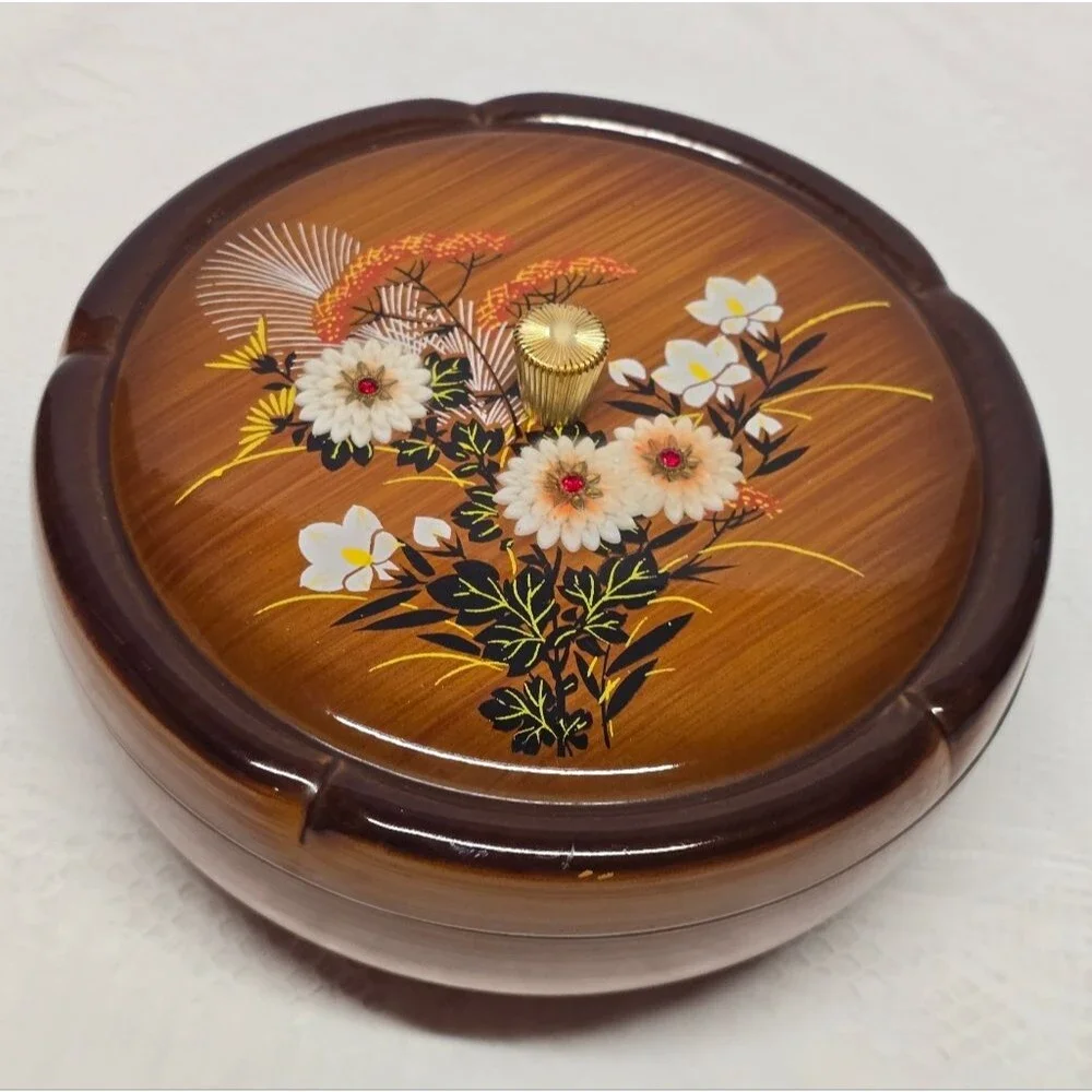 Westland Vintage Japanese Floral Lacquer Rhinestone Round Box Amber Brown